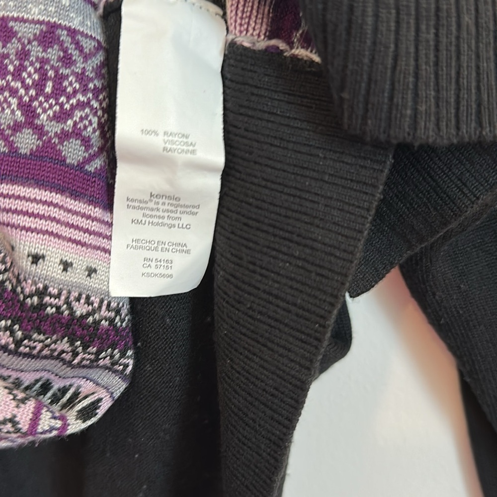 Kensie Fair Isle Shawl Collar Open Front Cardigan Sweater; black/purple, Medium - Picture 3 of 5